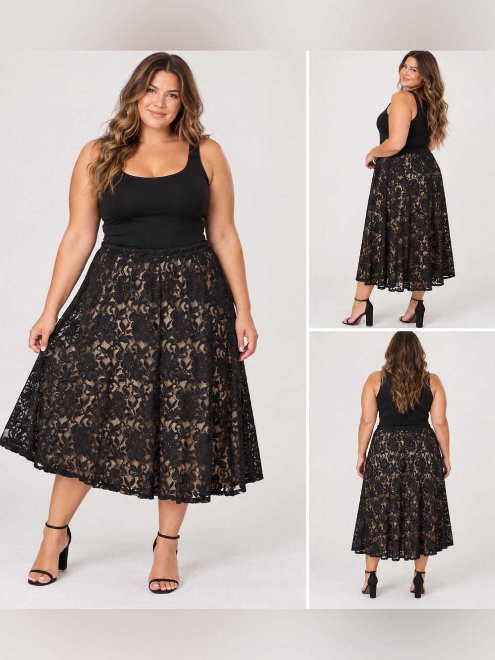 JM Collection 3X Black Floral Lace Midi Skirt | Plus Size A-Line Lined
